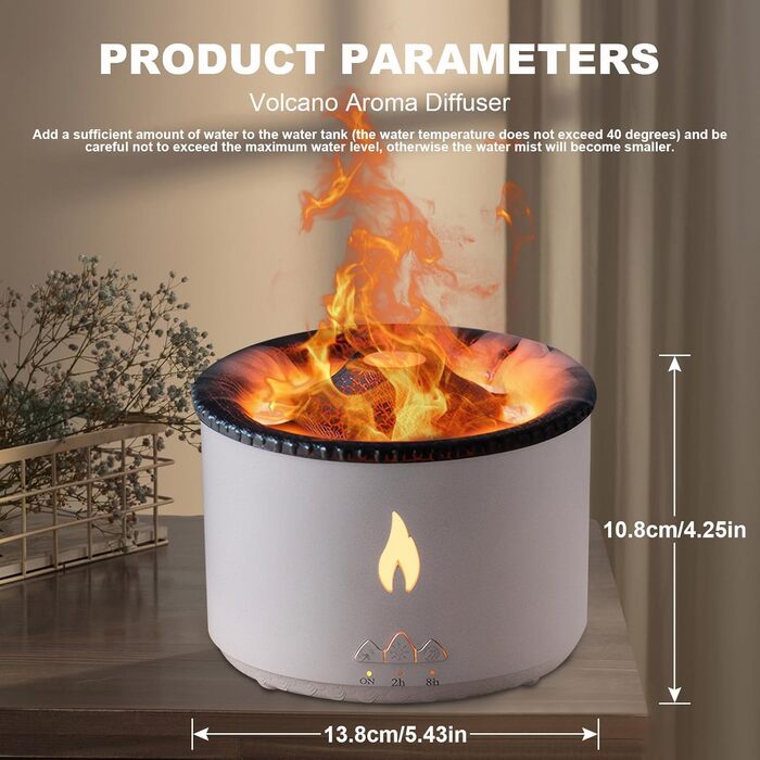 Vulkan Humidifier Flame Aroma Diffuser: 360ml Aromatherapy Humidifier 2 Mist Modes Humidifier Remote Control Oil Cold Mist Diffuser with Night Light for Home, Gym