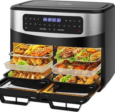 Фритюрниця гарячим повітрям XXL 2000W з подвійним нагрівом | 12-в-1, з вікном, сенсорне управління, рецепти (12L Dual)
