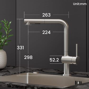 Змішувач для кухні CECIPA X203B чорного кольору з висувною лійкою, поворотний на 360°, з двома режимами струменя, нержавіюча сталь