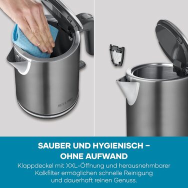 Електричний чайник SEVERIN WK 3489, 1 л, чорний/нержавіюча сталь, з індикатором рівня води та фільтром від накипу