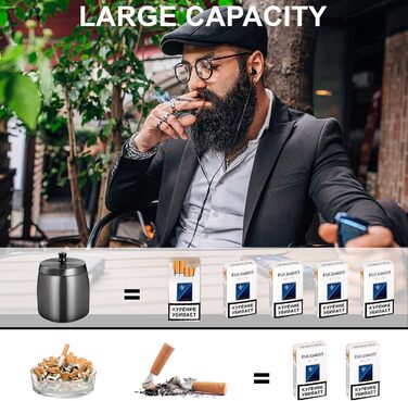 Склянка для сигарет на вулицю з кришкою, нержавіюча сталь, чорна. Антиковзаюча основа для використання на вулиці та в приміщенні