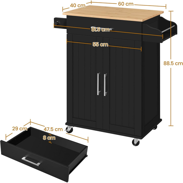 Кухонний візок Yaheetech з висувною шухлядою та 3 шафками, 60x40x88,5 см, білий/чорний, у стилі кантрі