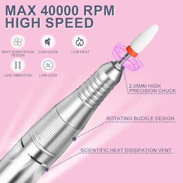 Електрична фрезер для нігтів 12в1 з кейсом, 40000 об/хв - професійний набір для манікюру та педикюру, для гелю та акрилу (білий)