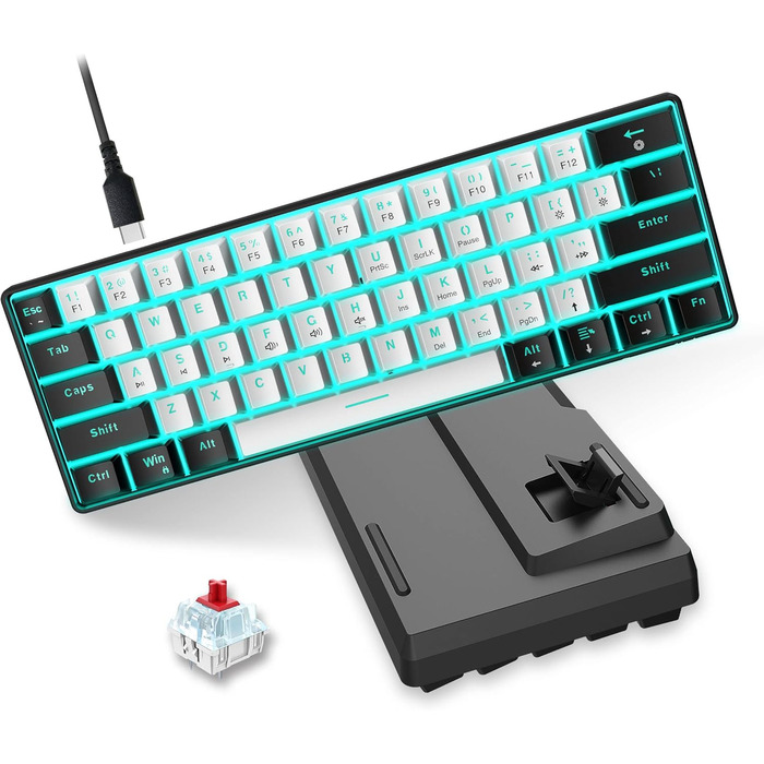 Механічна ігрова клавіатура Snpurdiri 60% з блакитним LED-підсвічуванням, 61 клавіша, Anti-Ghosting, червоний перемикач, компактний дизайн