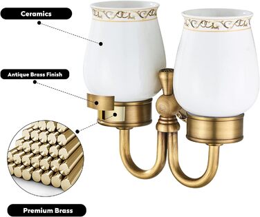 Home Antike Toothbrush Holder, Brass Tooth Cup Holder, Retro Classic Solid Copper Toothbrush Holder and Ceramic Glass Shape Double Toothbrush Holder