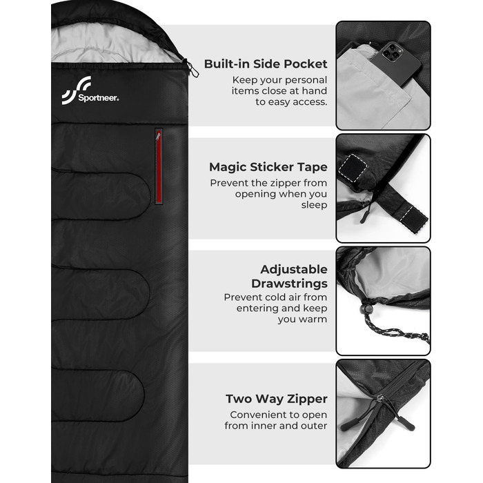 Сплячий мішок Sportneer Outdoor - ковдровий спальний мішок 3-4 сезони для дорослих, теплий, для кемпінгу, подорожей та активного відпочинку, 220x85 см, чорний