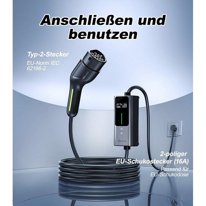 Кабель для зарядки електромобіля Type 2, 3.6 кВт / 5 м, 6A-16A, портативний зарядний пристрій для електрокар, сумісний з EU-Schuko (3.68 кВт)