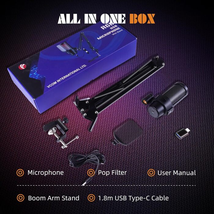 VCOM Gaming Мікрофон з тримачем, USB мікрофон з RGB підсвіткою, поп-фільтром, кнопкою Mute для ПК, подкастів, стрімінгу, YouTube, Mac, PS4, PS5