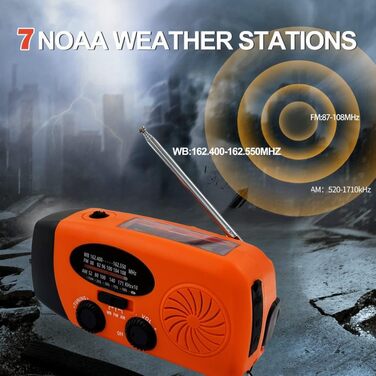 Радіо на сонячній батареї з ручним заводом 2000mAh, AM/FM/NOAA, зарядний пристрій для телефону з SOS, ліхтарик LED 1W, вихід для навушників, портативний Power Bank для надзвичайних ситуацій оранжевого кольору