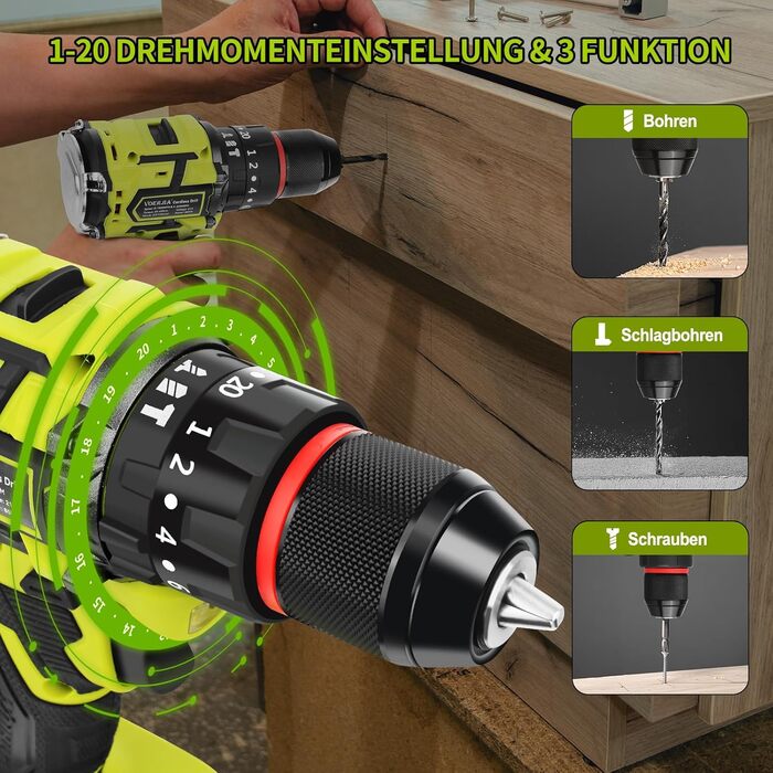 Акумуляторний шуруповерт 21V з набором 46 предметів: безщітковий дриль-шуруповерт, 2 акумулятори 2000 mAh, патрон 3/8', 20+3 ступені крутного моменту, до 65 Н.м, LED-ліхтар, 2 швидкості, аксесуари для електроінструментів