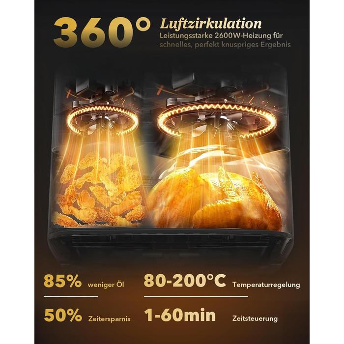 Фритюрниця повітряна WELLENT 2 камери, 2600W, 11л (4+7л) з сенсорним екраном, 10 функцій, для дому