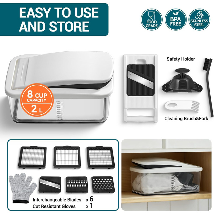 Нарізчик овочів Sopito з 6 лезами, 2 л контейнер, захист рук та рукавички, овочева спіраль, овочевий чіпер