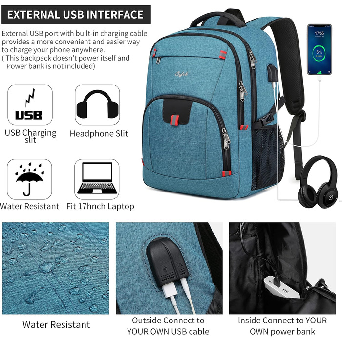 Рюкзак Cafele з RFID захистом та USB зарядкою для ноутбука, 17.3 дюйми, синій