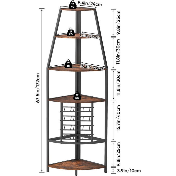 Стеллаж для вина Nisorpa на 12 пляшок, 5-ярусний кутовий, з тримачем для келихів, вінтажний коричнево-чорний