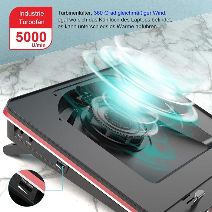 Підставка охолодження для ноутбука IETS GT500 з турбо-вентилятором (4200 RPM), регулюванням швидкості, ущільнювальною піною для швидкого охолодження, фільтром пилу, сумісна з ноутбуками 13-17,3 дюймів (V1(HUB))