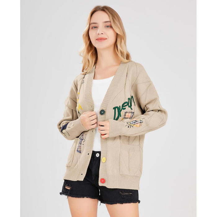 В'язаний кардиган Daen з косами, довгі рукави, відкрита передня частина, V-подібний виріз, ґудзикова застібка, вишивка, вовняна суміш, Пуловер, Куртка, Одяг для активного відпочинку (XXL, Хакі)