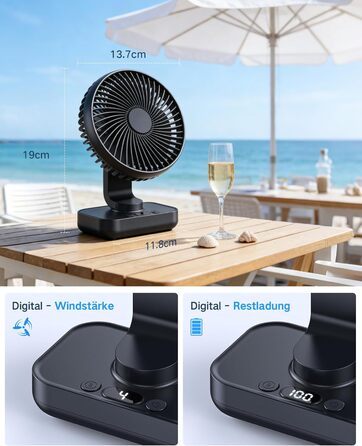 Портативний вентилятор настільний з акумулятором, тихий (30 дБ), 4 швидкості, LED дисплей, USB-C, знімний, для дому та офісу