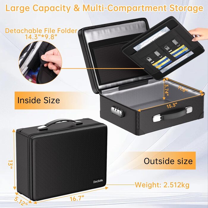Вогнестійкий сейф для документів DocSafe з замком, термоізольований, водовідштовхувальний, 10 шарів, міцний кейс з блискавкою та кишенями, захищає особисті речі