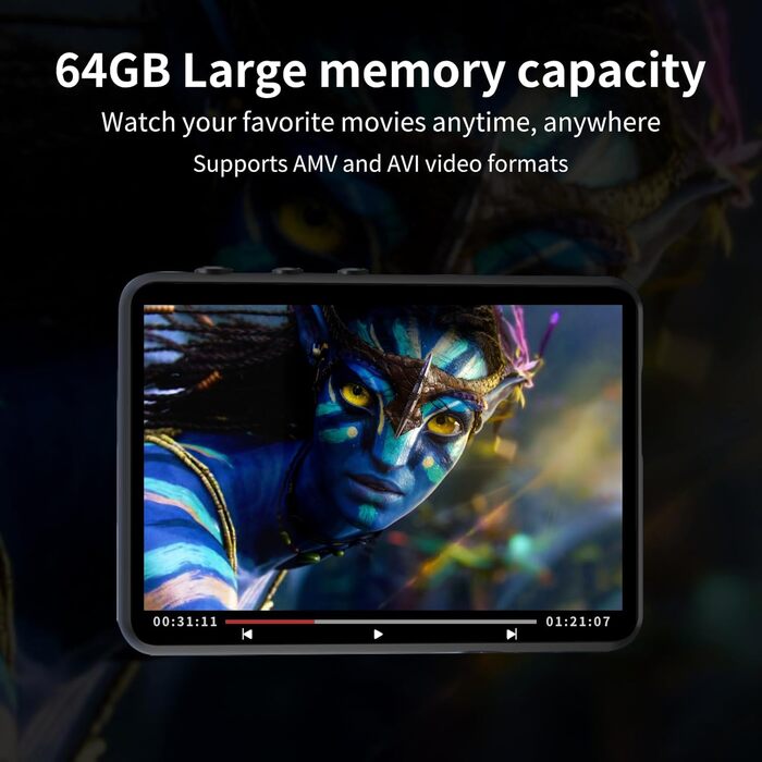 MP3-плеєр 64GB Bluetooth 5.3 з сенсорним екраном 2.4' та динаміком, запис голосу, FM-радіо, Line-in, для дітей, чорний