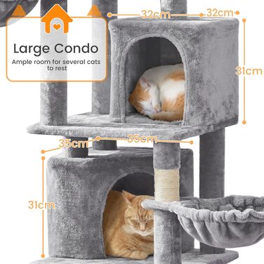 Кігтеточка Yaheetech XXL для котів, 175 см, для 3-4 котів, стабільна, з сизалевими стовпчиками, платформами, гамаком, м'ячиком, сірий колір