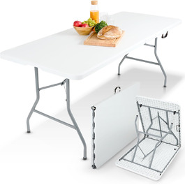 Складаний садовий стіл Arebos Buffettisch – 182 x 74 x 74 см, білий | для 8 осіб | з ручкою для перенесення | стіл для тераси, балкону та кемпінгу