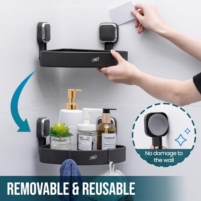 Поличка для душу TAILI без свердління, регульована, набір 2 шт., аксесуари для душу з гачками, нержавіюча сталь, чорний, органайзер для кухні, ванної кімнати, сріблястий