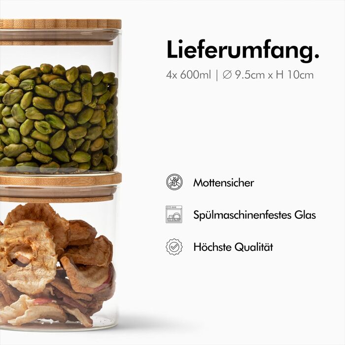 Скляні банки KIVY для зберігання з кришкою, 4 шт. по 600 мл - герметичні контейнери для кухні