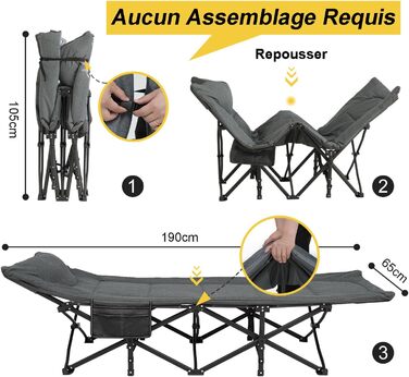 Складне кемпінгове ліжко ATORPOK, міцне для дорослих, до 250 кг, для відпочинку на природі, кемпінгу, подорожей, дому (сірий)