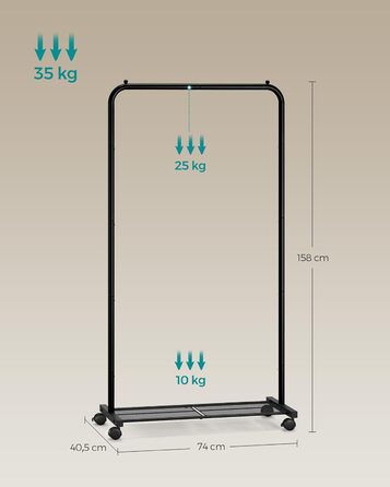 SONGMICS Clothes Rack, Rolling Garment Rack, Metal Wardrobe Stand, Rolling Wardrobe 91 cm wide, with Shelf, 2 Wheels with Brake, Rod Load Capacity up to 40 kg, HSR025A01 (Black, 74x40.5x158cm)