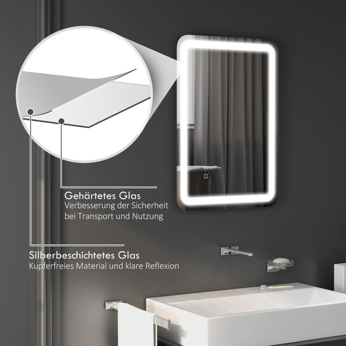 Дзеркало Kleankin Bad Spiegel LED 50 x 70 см з 3 кольорами світла та сенсорним вимикачем, IP44, автоматичне проти запотівання, функція пам'яті, скло Hartglas, срібний