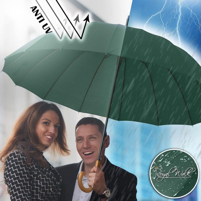 Royal Walk Automatic Travel Golf Umbrella - 54 Inch/137cm - Windproof, Waterproof, Large Size for 2 People - Classic Design, Wooden Handle, Unisex