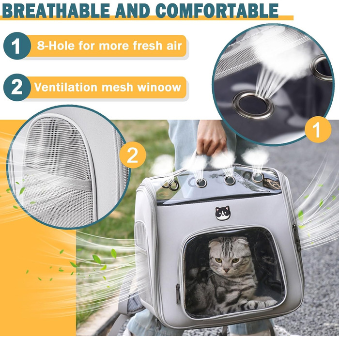 Рюкзак для кота з вікном, переноска для котів та маленьких собак (до 8 кг), сірий, дихаючий, складаний
