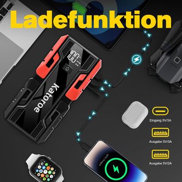 Powerbank для автомобіля з пусковим струмом 60000A, бустер акумулятора для бензинових (до 10л) та дизельних (до 8л) двигунів, ліхтарик 400 люмен, 2x USB, червоні кабелі
