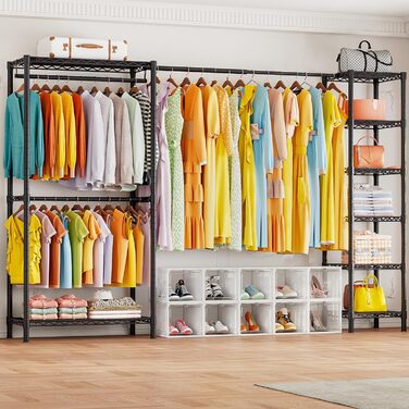 Розширюваний вішак для одягу, металевий гардеробний стійка з регульованими полицями, важкий, чорний