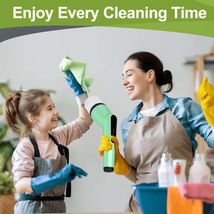 Електрична щітка для прибирання з 7 насадок, водонепроникна IPX7, регульована ручка, для ванної, кухні, підлоги, авто (білий/зелений)