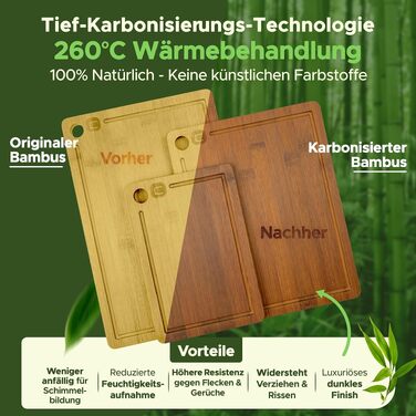 Велика бамбукова дошка для нарізання Naturlik XXL 45x30 см, карбонізована дерев'яна кухонна дошка з жолобом для соку та ручками для м'яса, овочів та хліба, набір 3 шт.