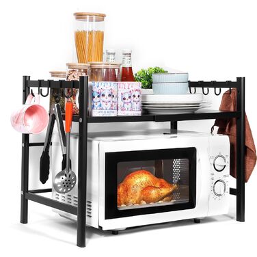Регульована підставка для мікрохвильовки 2-ярусна, розширювана полиця для кухні з вуглецевої сталі з 8 гачками, органайзер для кухонних аксесуарів, стійка для мікрохвильовки та полиця для зберігання, кухонна полиця для випічки