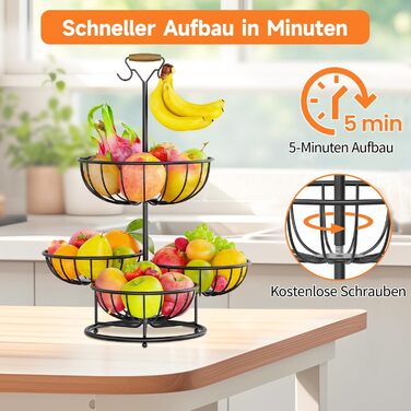 Багатоярусна фруктова корзина PouHenier.jh 5 ярусів, чорна, для фруктів та овочів з підставкою для бананів