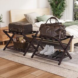 Fully assembled white luggage rack, upgraded bamboo, foldable suitcase stand with 5 nylon straps, luggage holder with shelf for guest room, hotel (white luggage rack, 1 piece) (Brown, 2 pieces)