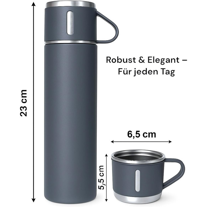 Термофляга 500 мл з нержавіючої сталі – 2 чашки з ручкою – не протікає, BPA-free – з щіткою для чищення – сірий колір