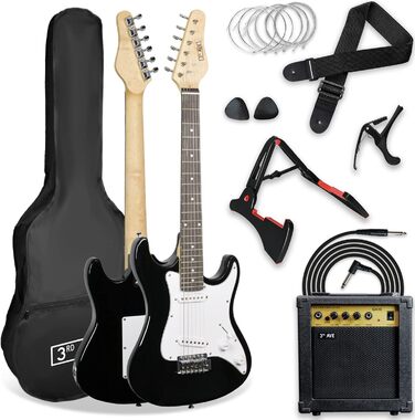 Електрогітара 3/4 розміру 3rd Avenue XF Ultimate Kit з підсилювачем 10W, тюнером, кабелем, стійкою, чохлом, ременем, запасними струнами, медіаторами та каподастром - Чорний, набір для початківців