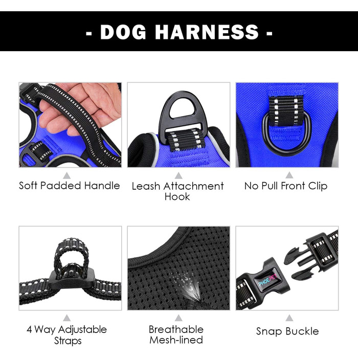 Шлейка для собак PHOEPET без натягу, світловідбиваюча, регульована, з ручкою, 2 металеві кільця, 3 застібки (легко одягати/знімати), колір: кобальтовий, розмір XS