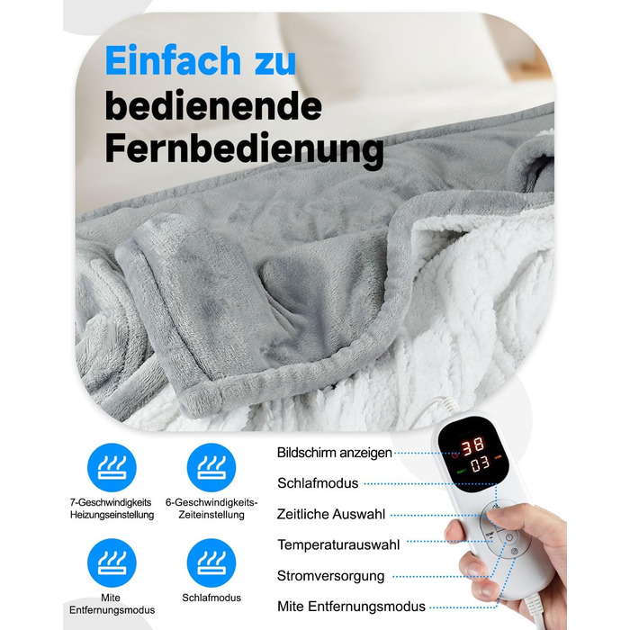 Електрична гріюча ковдра 180x130 см, плюшева ковдра з автовимкненням, 6 таймерів, 6 режимів нагріву, Sleep-Mode, гріюче підлое для дивана та ліжка, сірого кольору, можна прати, швидкий нагрів