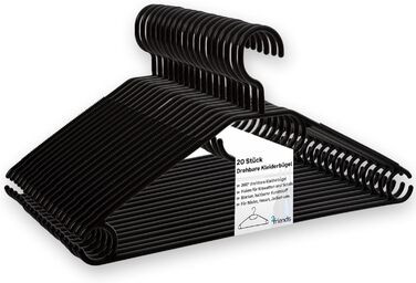 Чорні вішалки для одягу 20 шт. з обертовими гачками, економія місця, пластик, довжина 41 см, Made in EU, екологічні (100% перероблений матеріал), модель Minnie