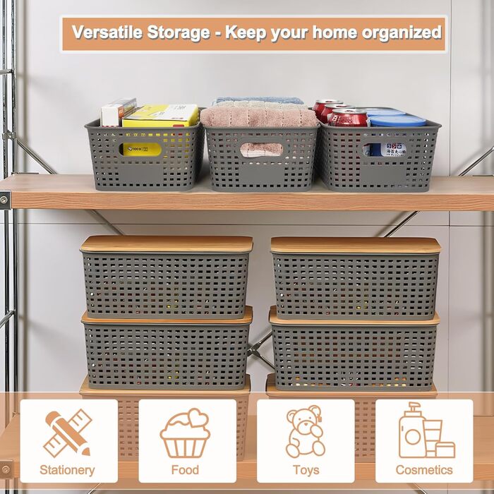 UHAPEER Storage Box with Bamboo Lid, 6 Pack Storage Basket, Plastic Basket Storage, Kitchen Organizer White, Stackable Storage Boxes, Box with Lid 25.6 x 18 x 10.7 cm (Gray)