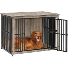 Клітка для собак Feandrea XL, меблева, з журнальним столиком, для собак до 37 кг, міцна, закритий дно, 2 двері, сірий меланж (110 x 76 x 82 см)