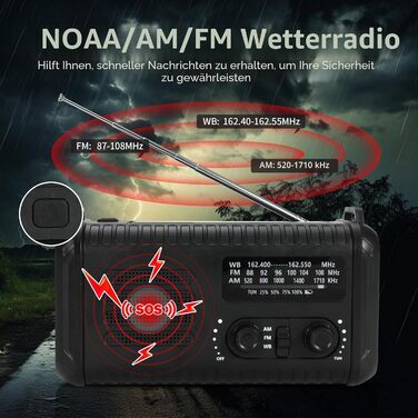 Радіо на сонячних батареях з ручним заводом 20000mAh Notfallradio, AM/FM, ліхтарик, SOS-сигнал, зарядний пристрій для телефону (Чорний)