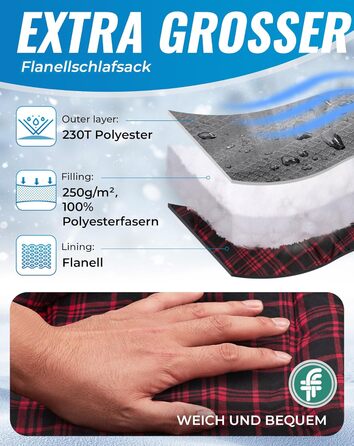 Сплячий мішок KingCamp XXL з бавовни фланелі для дорослих, великий, теплий, зимовий, для кемпінгу, подорожей та активного відпочинку на природі (4 сезони), 220x100 см (#Klassisch Grau)