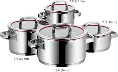 Каструля WMF Function з ручкою 16 см без кришки, 1,4 л, каструля для молока, каструля для приготування їжі, Cromargan нержавіюча сталь, 4 функції зливу, внутрішня шкала, червоний колір Function