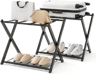 GIANTEX Folding Luggage Rack, 2-Tier, 68 x 43 x 58 cm, Luggage Stand, Metal Luggage Rack, Space-Saving, Luggage Rack for Bedroom, Guest Room, Hotel, Black (2 Pieces, Black)